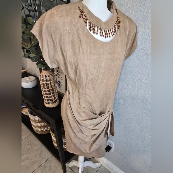 Scarlett Vintage Linen Blend Wrap Mini Dress Camel Size 11 - Picture 8 of 9